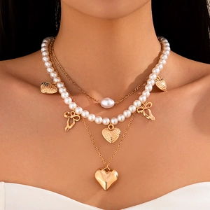 Multi Layer Necklace Alloy Faux Artificial Pearl Starfish Shell Heart Bow Pendants Ocean Beach Style Jewelry For Women