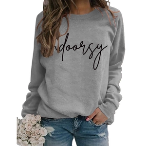 Close-up of gray long-sleeve crewneck sweatshirt with black indoorsy cursive script print