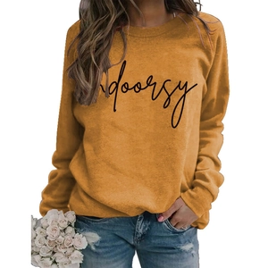 Mustard yellow crewneck sweatshirt with indoorsy print and ribbed cuffs for women