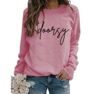 Women's pink crewneck sweatshirt with indoorsy print and casual relaxed fit style