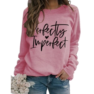 Pink crewneck sweatshirt for women with Perfectly Imperfect print and heart motif