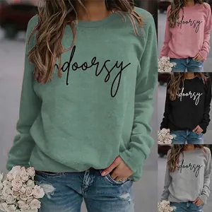 Indoorsy Letter Print Sweatshirt Women Crew Neck Long Sleeve Pullover Casual Loose Streetwear Cotton Blend Jumper