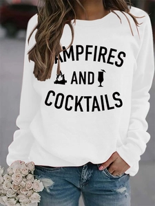 Close-up of white crewneck sweatshirt with Campfires and Cocktails graphic print