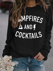 Detail of Campfires and Cocktails slogan and graphics on black long sleeve sweatshirt