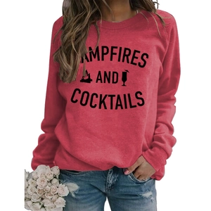 Detail of red crewneck sweatshirt with Campfires and Cocktails graphic and icons