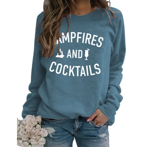 Detail of blue crewneck sweatshirt with Campfires and Cocktails graphic print