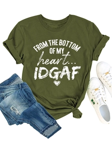 Flat lay of army green crewneck T-shirt with white text print and denim shorts