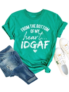 Flat lay of peacock green crew neck t-shirt with white letter print and casual styling