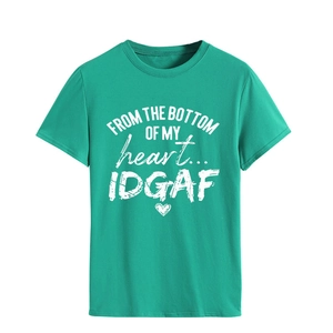 Detail of teal crew neck t-shirt with FROM THE BOTTOM white slogan print and heart graphic