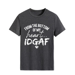 Detail of dark gray crewneck t-shirt with FROM THE BOTTOM white text and heart print