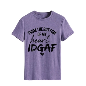 Detail of purple crew neck T-shirt featuring FROM THE BOTTOM printed graphic text