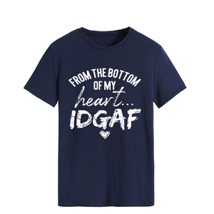 Close-up of navy blue crew neck T-shirt featuring FROM THE BOTTOM OF MY HEART text print
