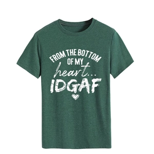 Detail of white slogan print on melange green cotton crewneck short sleeve T-shirt