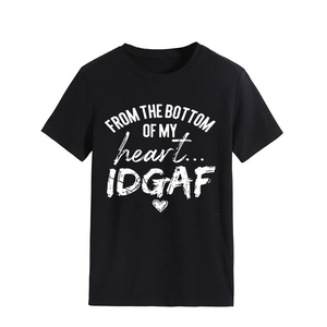 Detail of screen-printed slogan and heart icon on black cotton crewneck t-shirt