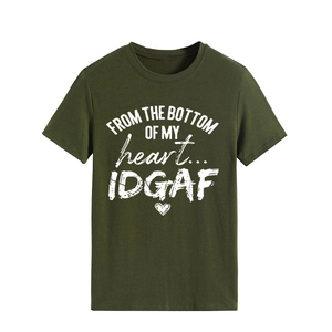 Detail view of the forest green cotton T-shirt featuring a white heart slogan print