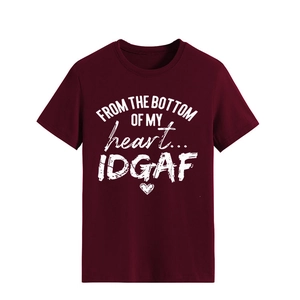 Close-up of crew neck burgundy t-shirt with FROM THE BOTTOM white graphic print