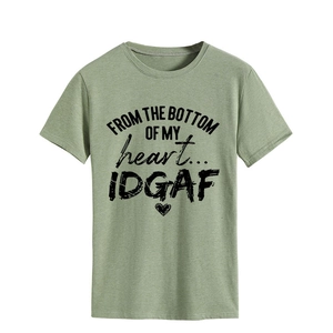 Detail of sage green crew neck t-shirt with FROM THE BOTTOM OF MY heart text print