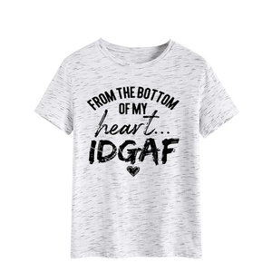 Detail view of heather grey crew neck T-shirt with black heart slogan print