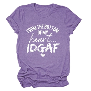 Detail of white graphic lettering on purple crew neck short sleeve cotton T-shirt