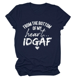 Detail view of navy blue crew neck T-shirt featuring white slogan print and heart icon