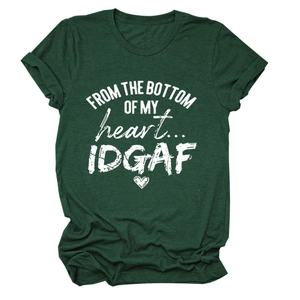 Detail of dark green t-shirt showing the vintage slogan print and soft cotton texture