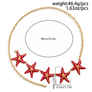 Detail view of a sexy gold waist chain with five red starfish charms and specifications