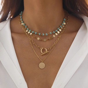 Collier Multi-Rangs Or Alliage Cuivre Perles Turquoise Pendentif Pièce Paillettes Fermoir OT Boho Femmes Bijoux