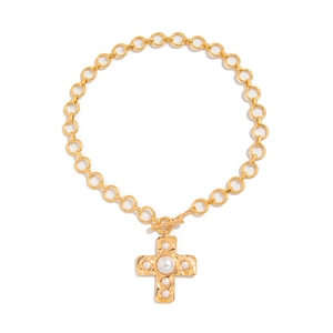 Liquid metal cross pendant necklace with pearls and textured gold chain for women