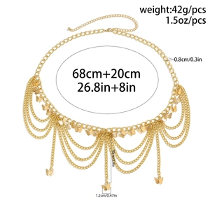 Détail de la chaîne de taille dorée multicouche avec papillon et dimensions précises