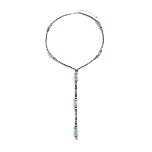 Bohemian Y-shaped long necklace with turquoise beads and silver metal pearls on white background