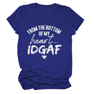 Close-up of dark blue cotton t-shirt with FROM THE BOTTOM OF MY HEART white graphic print