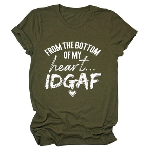 Detail of army green crewneck T-shirt with FROM THE BOTTOM OF MY heart white graphic print