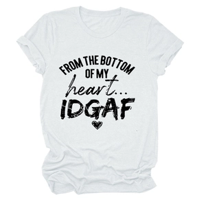 Detail of white cotton crewneck T-shirt with black artistic typography slogan print