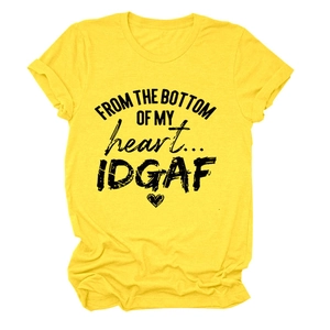Detail of yellow cotton t-shirt featuring FROM THE BOTTOM OF MY HEART black graphic print