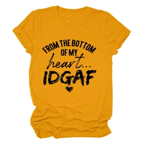 Detailed flat lay of mustard yellow T-shirt with black slogan print and crew neck