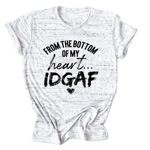 Detail of grey heather t-shirt featuring black IDGAF graphic print and ribbed crew neck