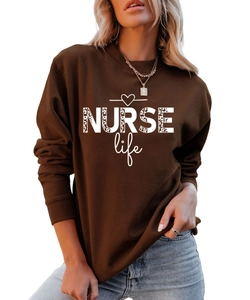 Detail of NURSE life text with leopard print on dark brown long sleeve crewneck sweatshirt