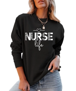 Detail of the leopard print pattern and NURSE life lettering on black sweatshirt