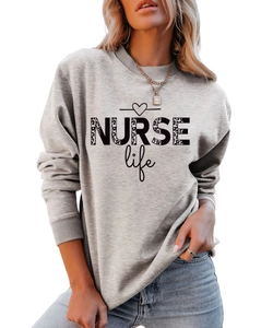 Close-up of NURSE Life leopard print on light grey crewneck sweatshirt for women