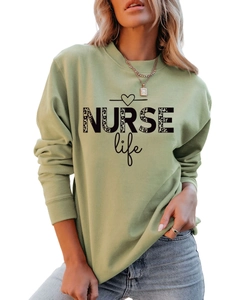 Detail of NURSE Life leopard print graphic on sage green crewneck sweatshirt