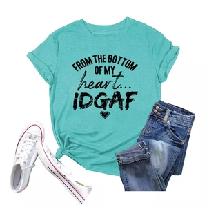 Minimalist turquoise crew neck t-shirt with heart slogan print and denim outfit