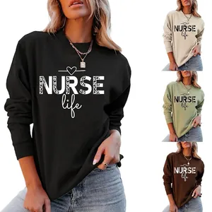NURSE Life Letter Leopard Print Crewneck Sweatshirt Women Casual Long Sleeve Pullover Autumn Winter Fashion Loose Tops