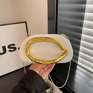 Women Acrylic Evening Clutch Bag With Large Metal Handle Retro Chain Shoulder Crossbody Bag For Wedding Party Banquet Elegant Handbag
