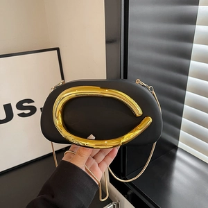 Retro black acrylic evening clutch bag with irregular gold handle and chain strap
