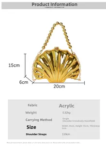 Detailed view of gold shell evening bag with acrylic beads and size specifications