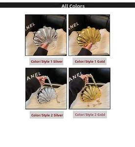 Detail view of shell evening bags in gold and silver with pearl handles and chain straps