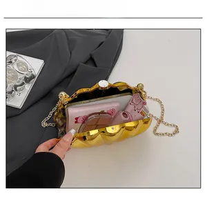 Close-up of golden shell chain bag interior showing capacity for phone and cosmetics