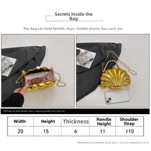 Detailed size guide for gold shell chain bag showing dimensions and storage capacity