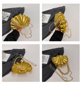 Detailed four-view display of a golden shell-shaped chain bag with bead handle and metallic finish