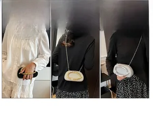 Three-way split view showing a glossy sequined clutch bag worn by a model in different styles
